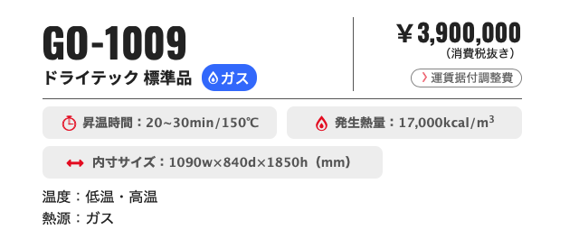 GO-1009　表示例　昇温時間、発生熱量、内寸サイズ　表示例